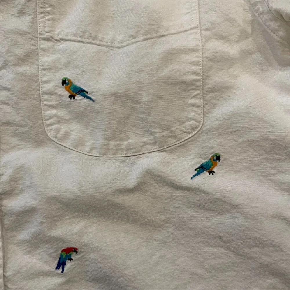 J. Crew White Short-Sleeve Button-Down Shirt with Parrot Embroidery